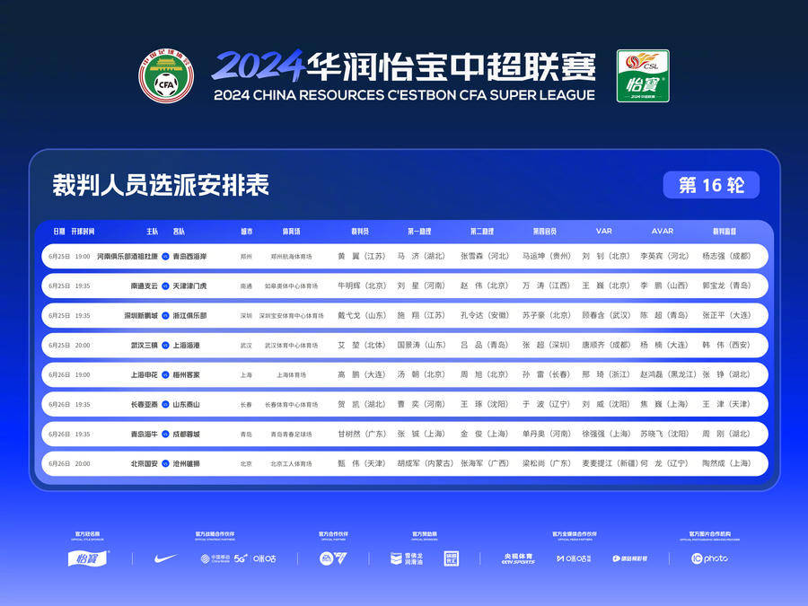 山东泰山客战长春亚泰裁判安排：贺凯主裁，刘威任视频助理裁判 Vs 泰山队 比赛