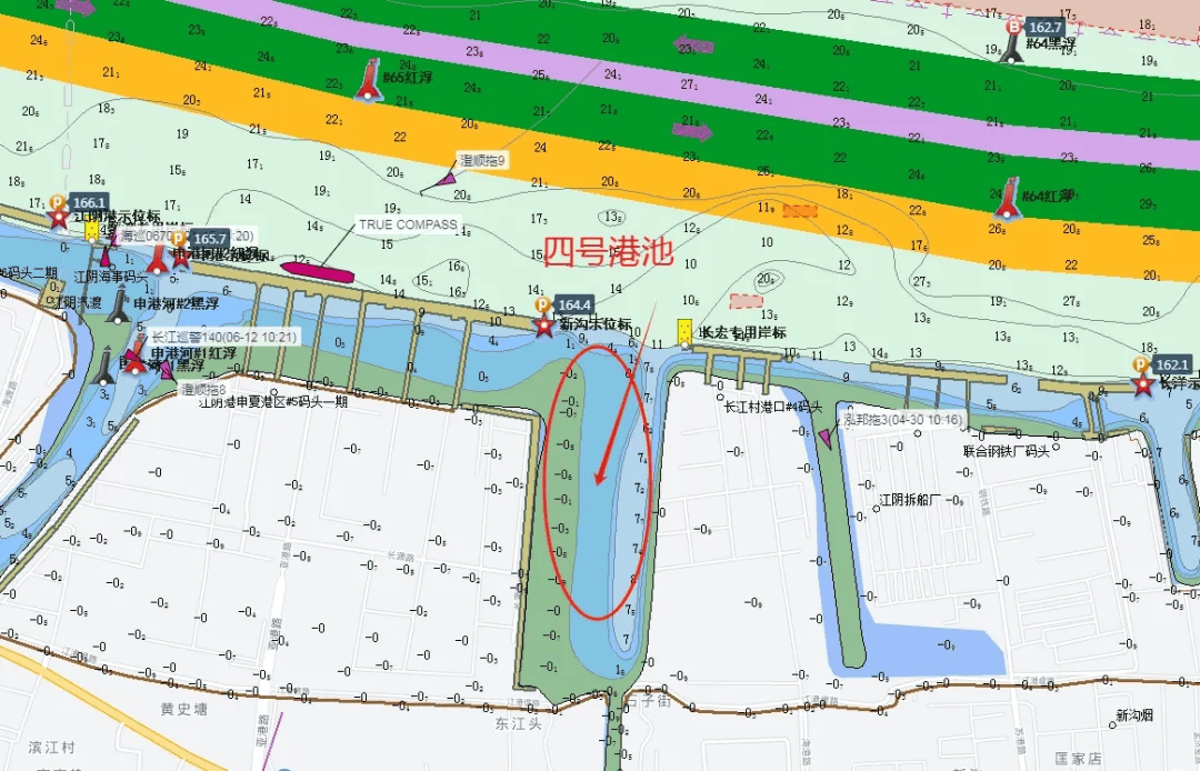 注意:该处浅点位于江阴新沟河船闸外侧,四号港池中间水域,位置固定