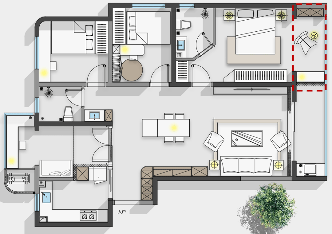 平面设计方案三由于阳台空间足够长,在方案二的基础上,还可以做阳台