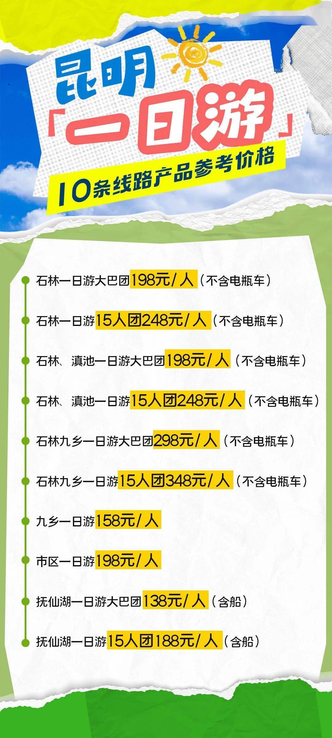 市区198元/人!昆明10条一日游产品参考价格发布