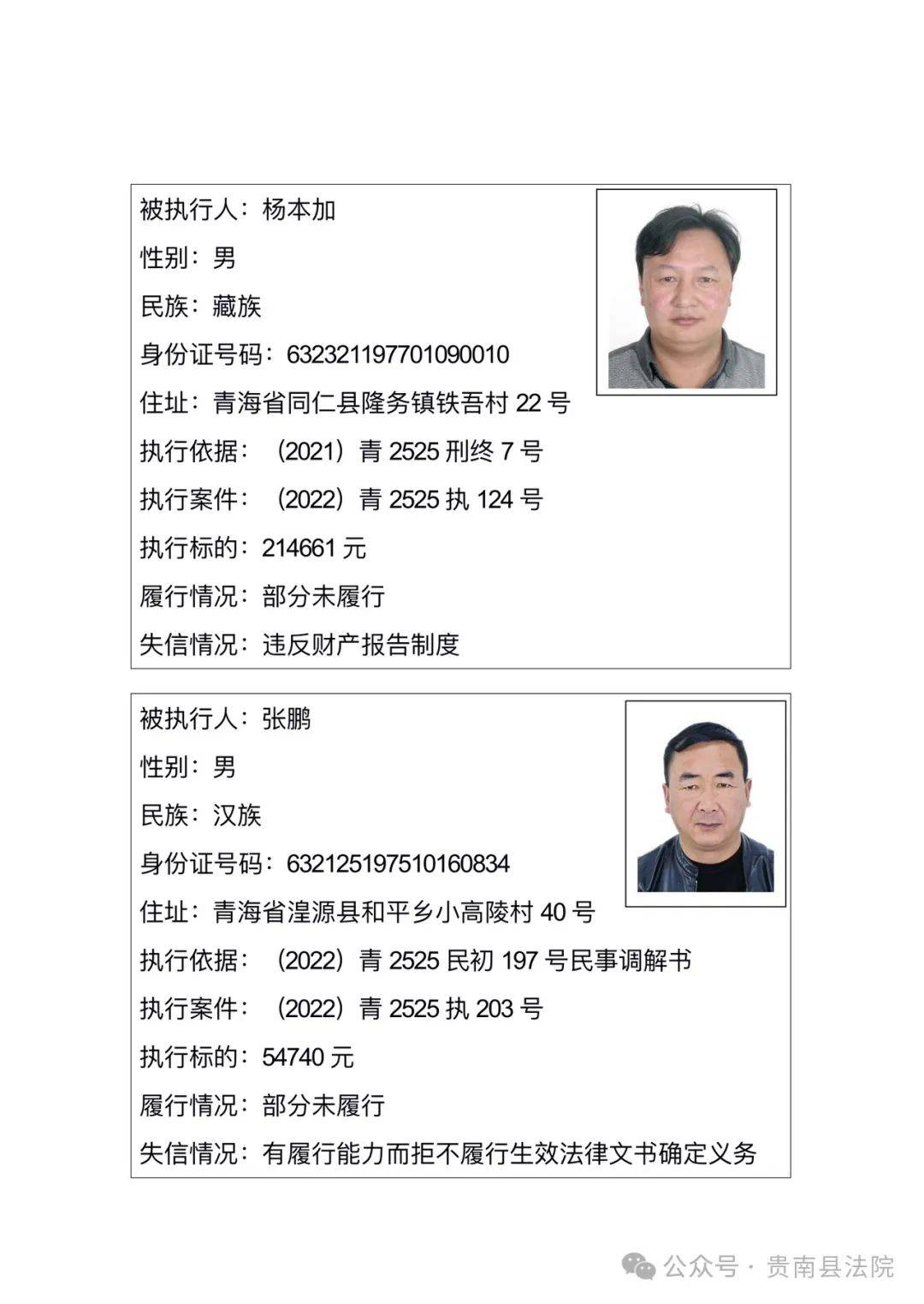 贵南县人民法院公布2024年失信被执行人名单