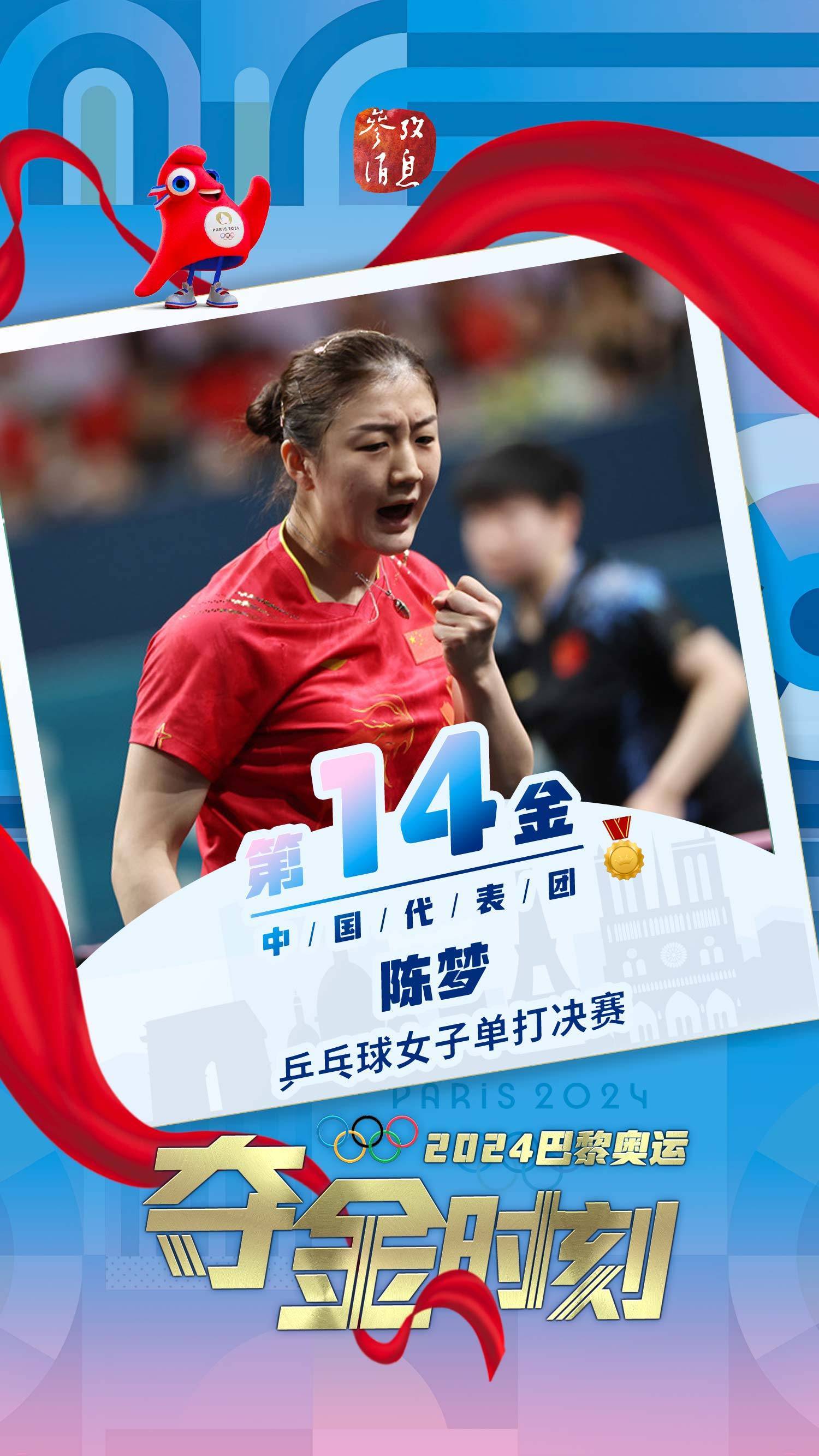 陈梦夺得巴黎奥运会乒乓球女单金牌