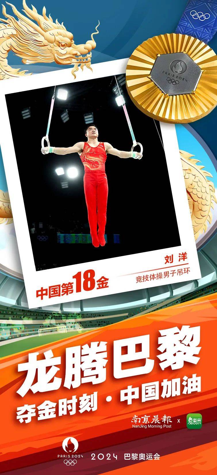 卫冕!中国选手刘洋夺得巴黎奥运会体操男子吊环金牌