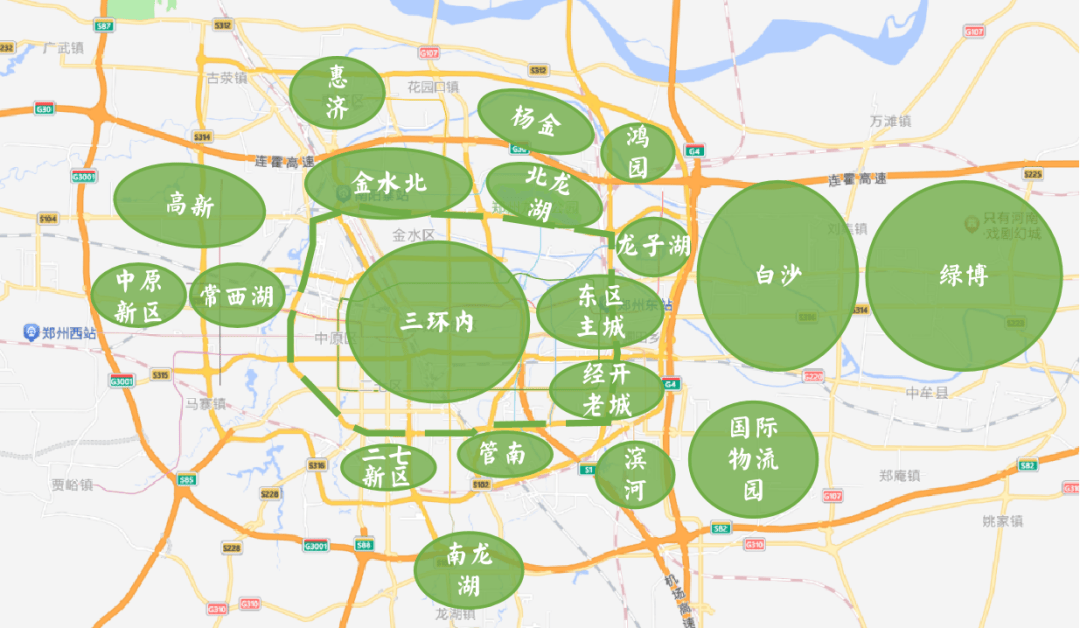 除了城市内部,在郑州外围分布的各个组团,同样也因为定位和规