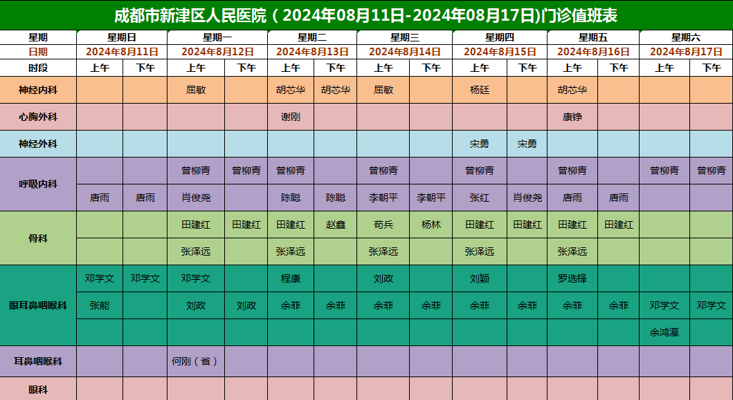 信息】成都市新津区人民医院2024年8月11日—2024年8月17日门诊值班表