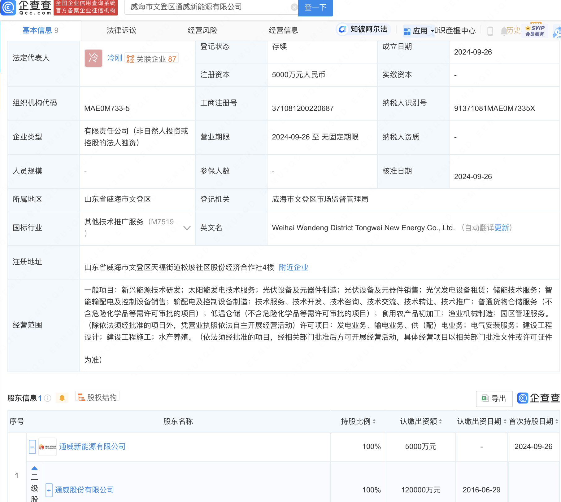 通威股份在威海投资成立新能源公司