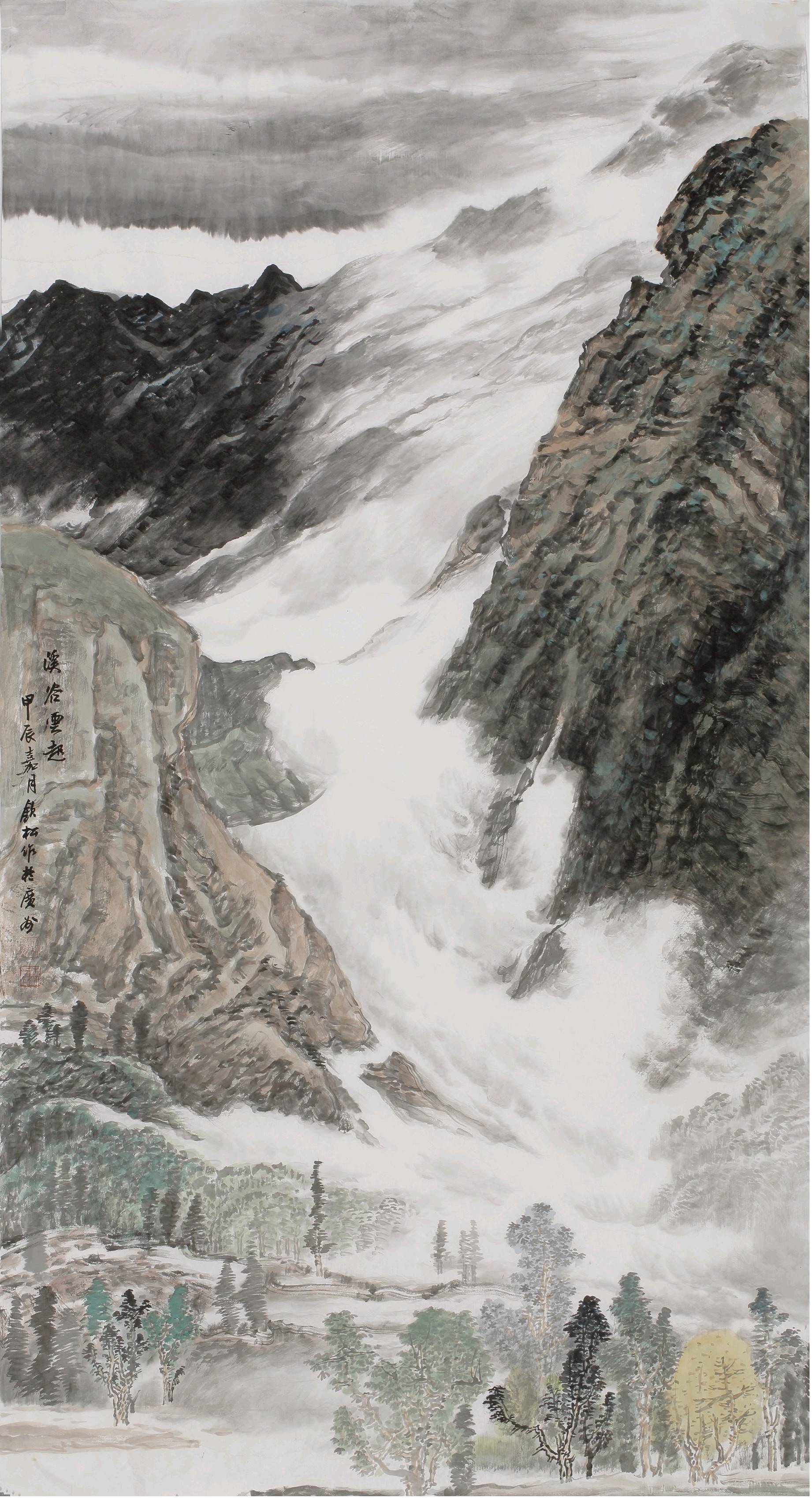 许钦松为本次展览带来了新作《溪谷云起》,作品以雄浑深远的笔法,展现