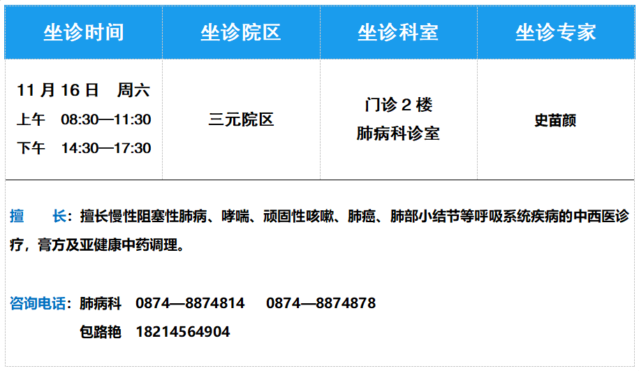 11月16日上海曙光医院肺病科专家史苗颜主任将到我院坐诊