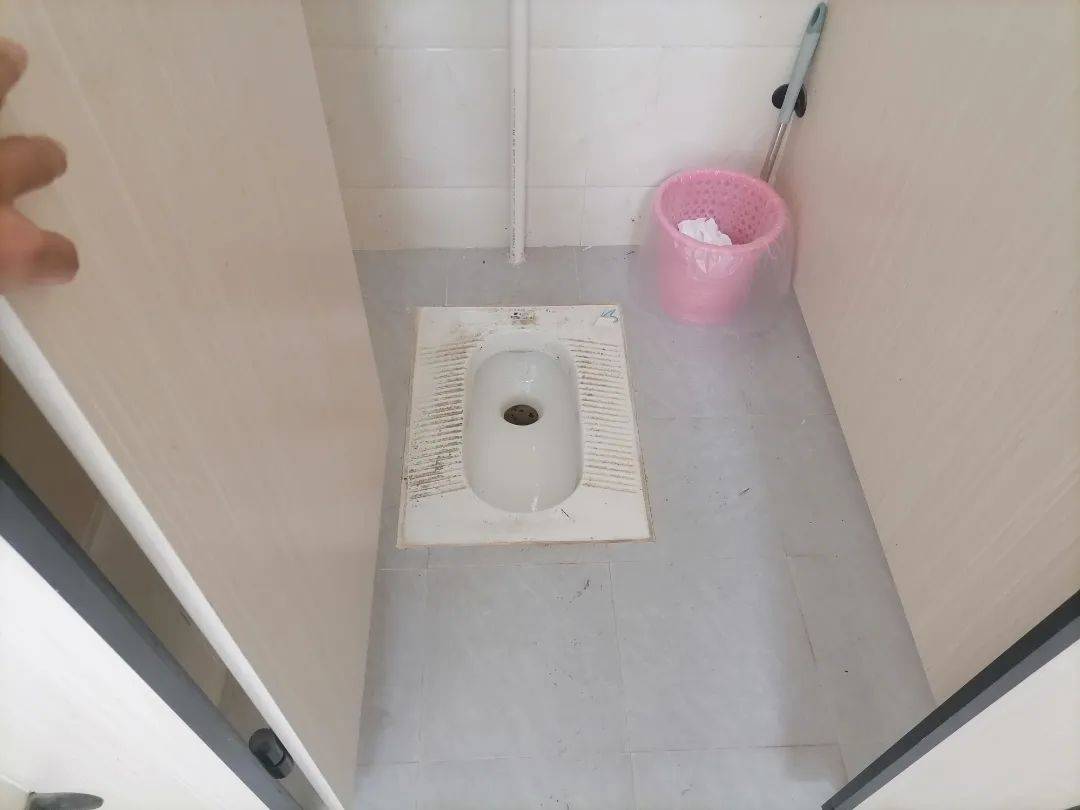 公厕蹲便器脏远富村中心小学公路水沟边存在少量垃圾,路边存在家禽散
