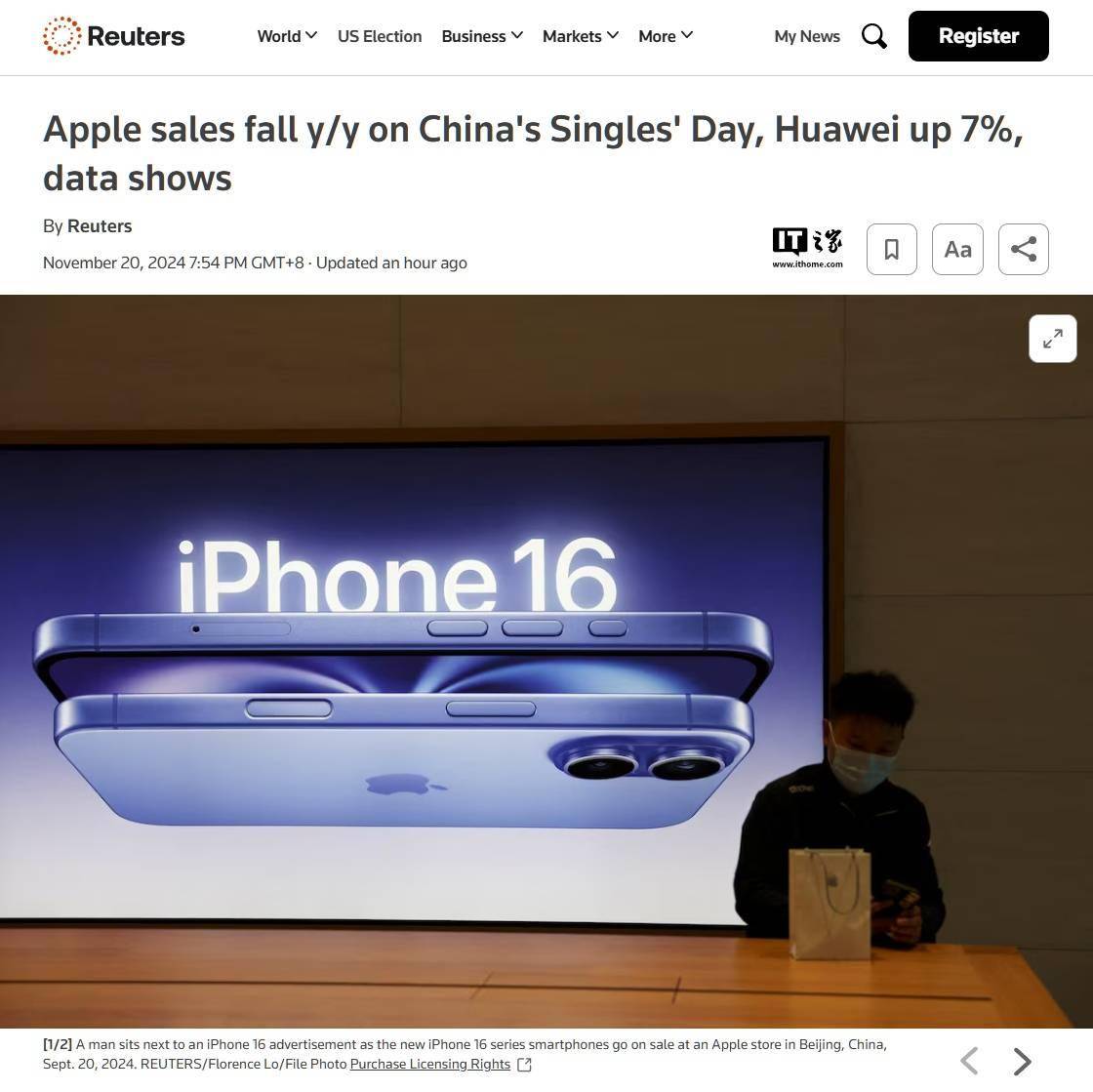 Counterpoint：苹果 iPhone 双十一期间在华销量同比下滑两位数