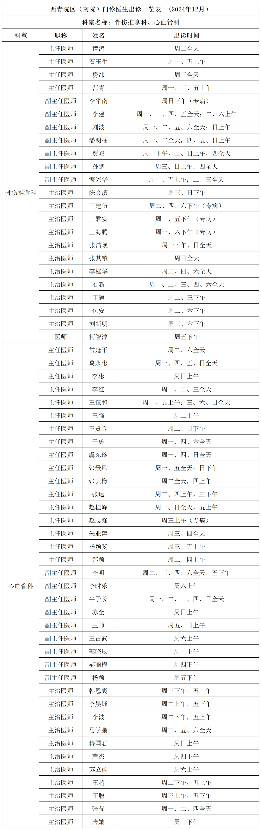 天津中医一附院西青院区门诊出诊信息