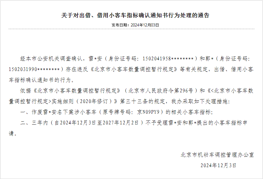 出租、出借小客车指标确认通知书 北京多人被处理