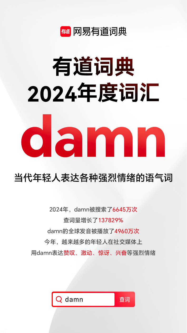 网易有道词典2024年度词“damn”，搜索量暴增137829%｜独家