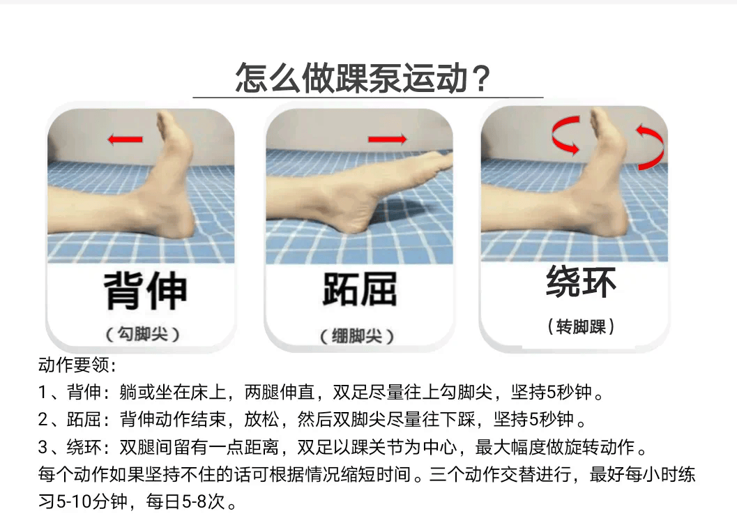 ②:长期卧床的病人可行肢体功能锻炼:踝泵运动,踝关节环转运动,直腿