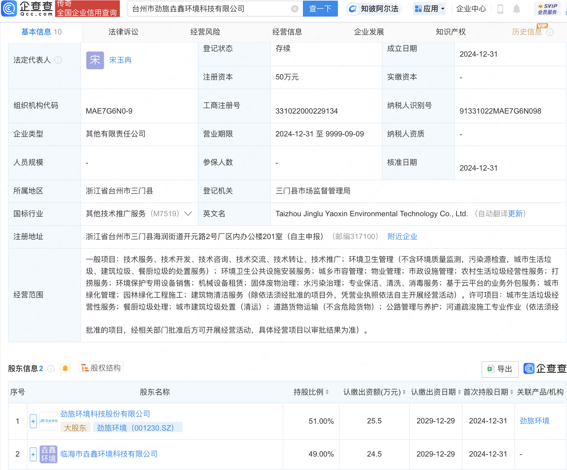 劲旅环境在台州投资成立环境科技新公司