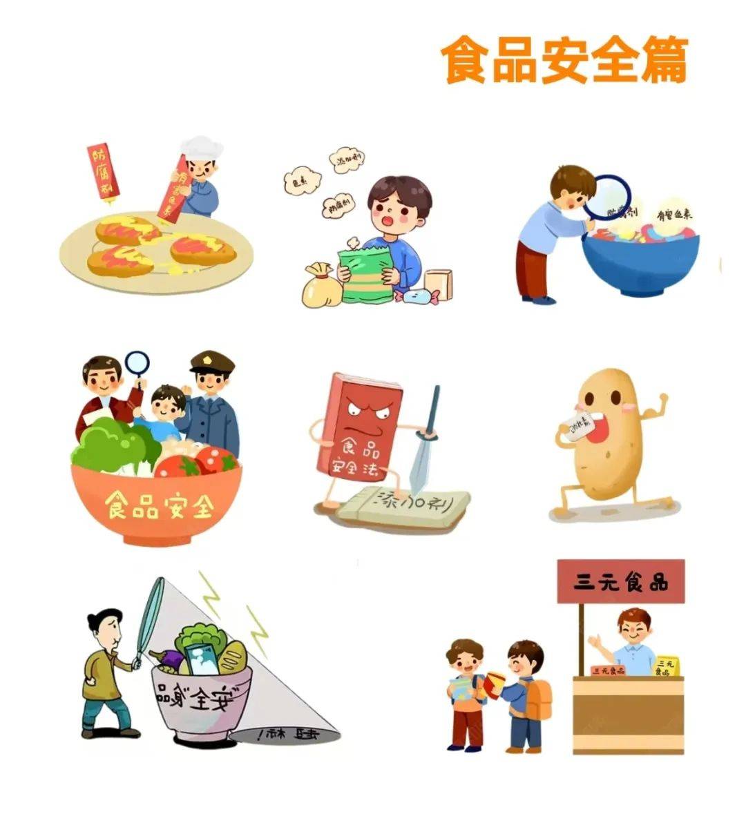 不摘野果实,野生菌等,不买,不吃过期和霉烂变质的食品,防止食物中毒