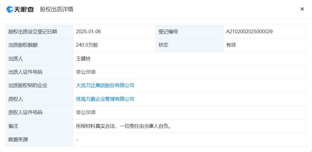 王健林出质240万股万达集团股权