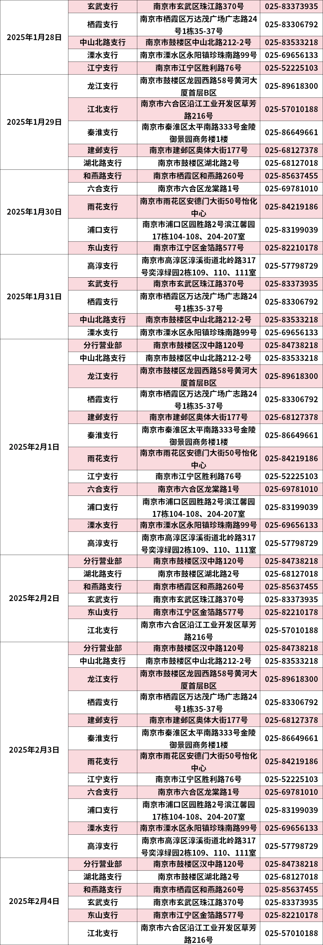 中国光大银行南京分行2025年春节假期网点营业时间公告