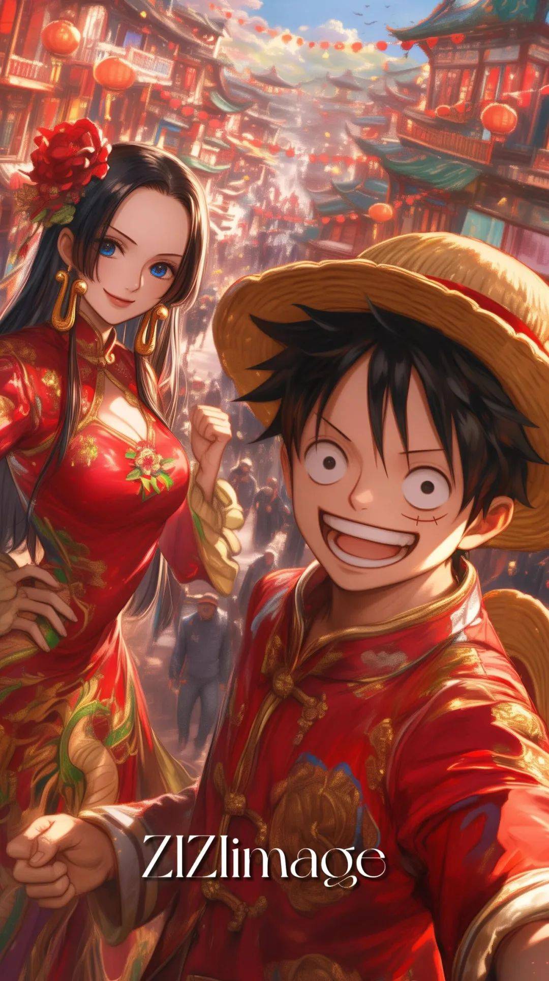 海贼王,路飞和女帝蛇年大吉壁纸