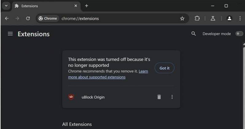 谷歌Chrome浏览器已主动禁用 Ublock Origin 等 Manifest V2 扩展