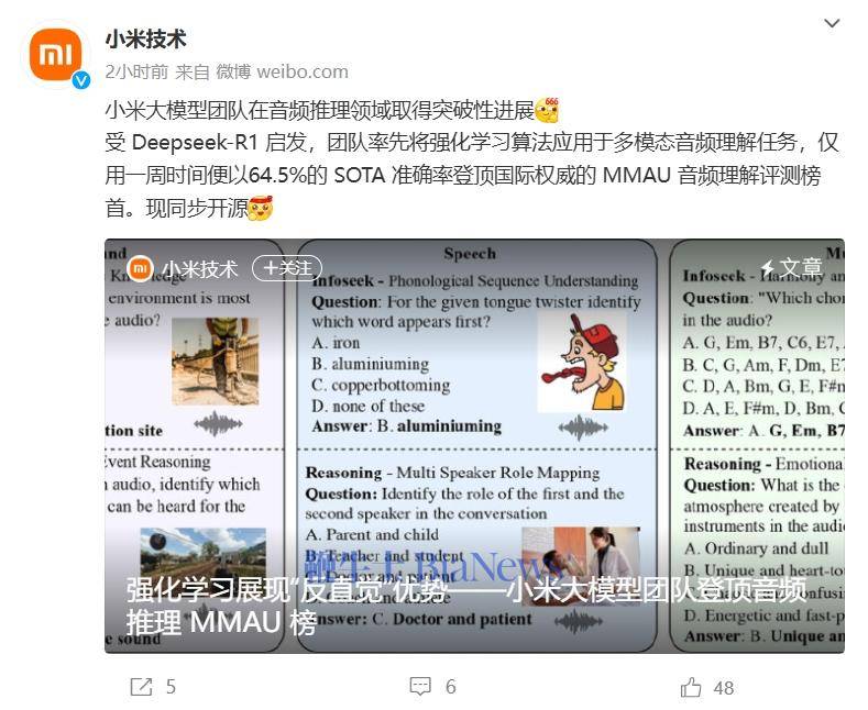 受DeepSeek-R1启发，小米大模型团队登顶音频推理MMAU榜