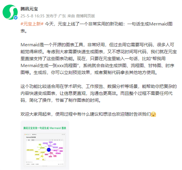 腾讯元宝推Mermaid图表生成功能