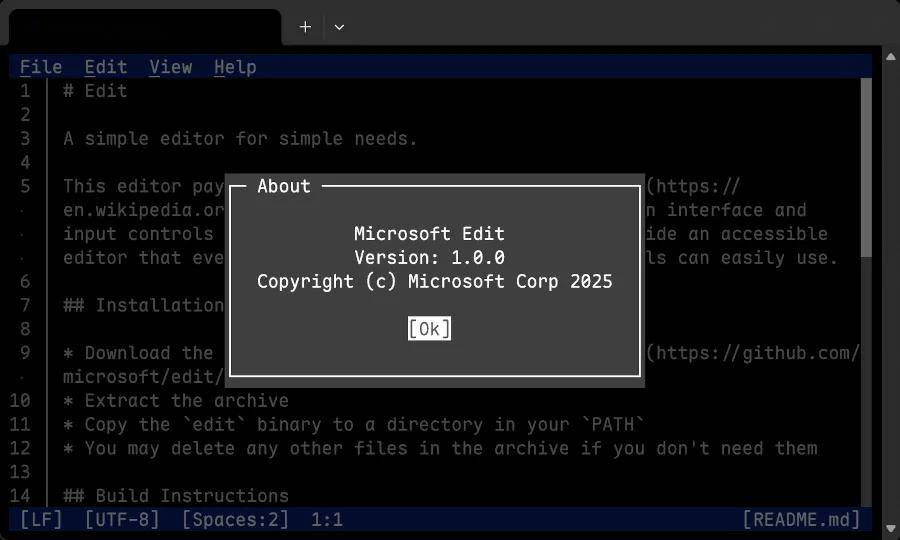 微软开源 Edit 命令行编辑器：Rust 编写、不到 250kB