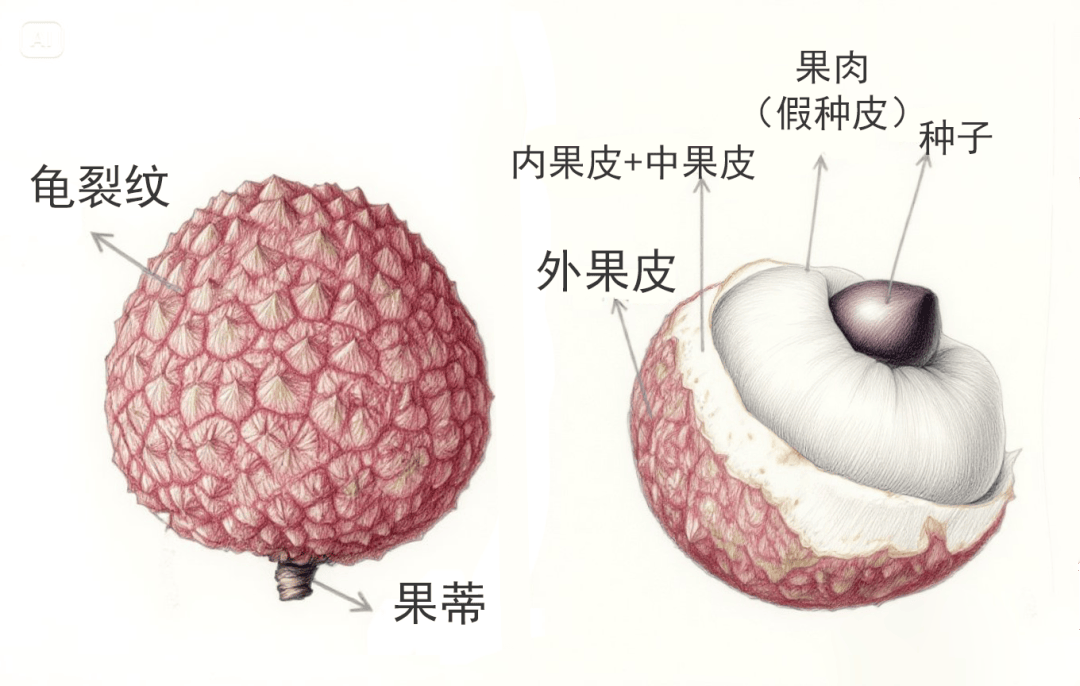 荔枝的果皮结构特殊,由三层组织构成:外果皮含花青素苷的栅状组织细胞