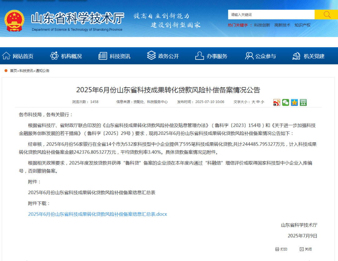 2025年第二季度山东省科技成果转化贷款风险补偿备案情况公布