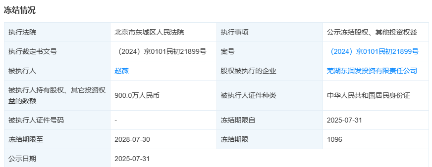 赵薇，1590万元股权再被冻结