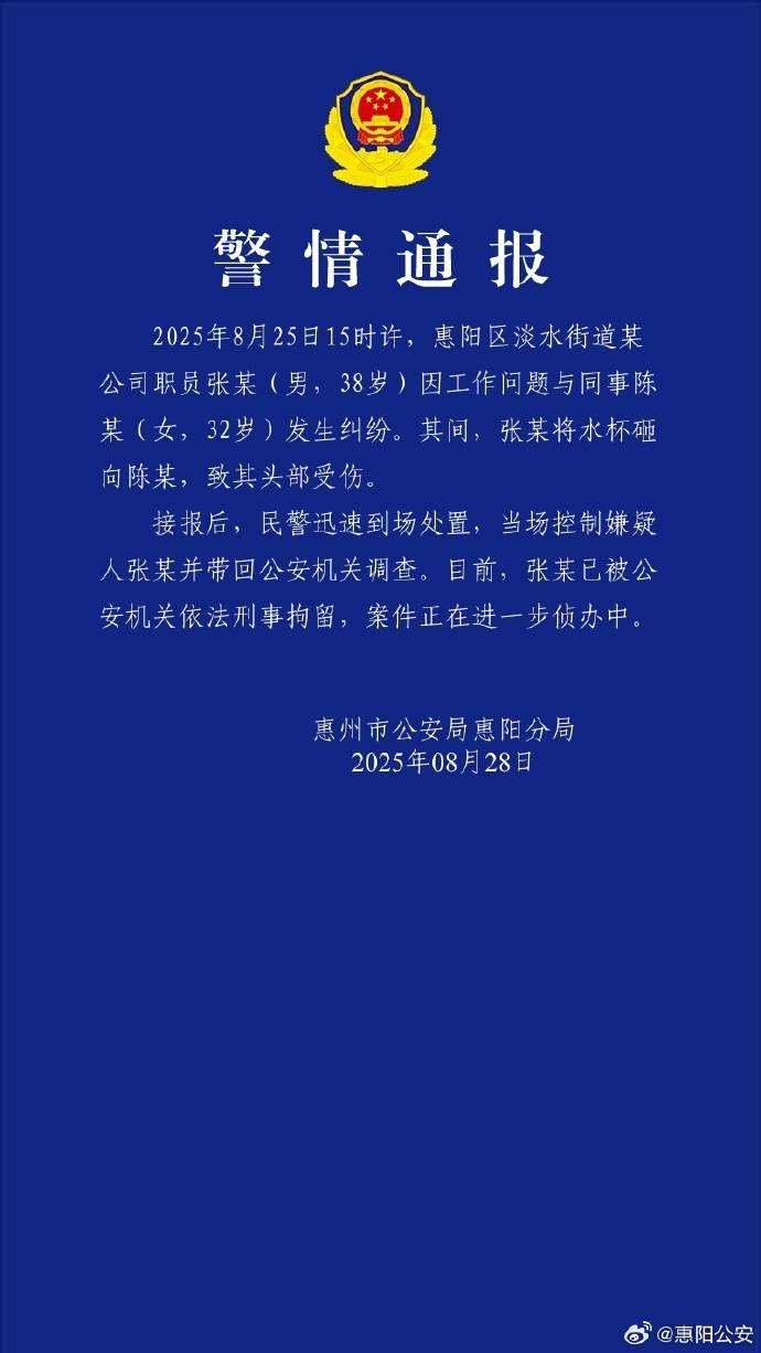 警方通报“女子称因咨询业务被男同事砸头”：张某因工作纠纷用水杯砸伤陈某，已刑拘