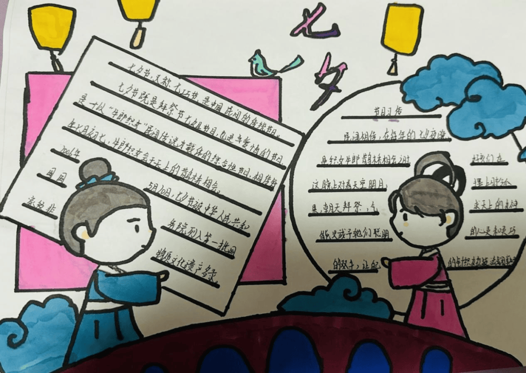 手抄报,绘画与书法作品成为同学们诠释七夕的生动载体