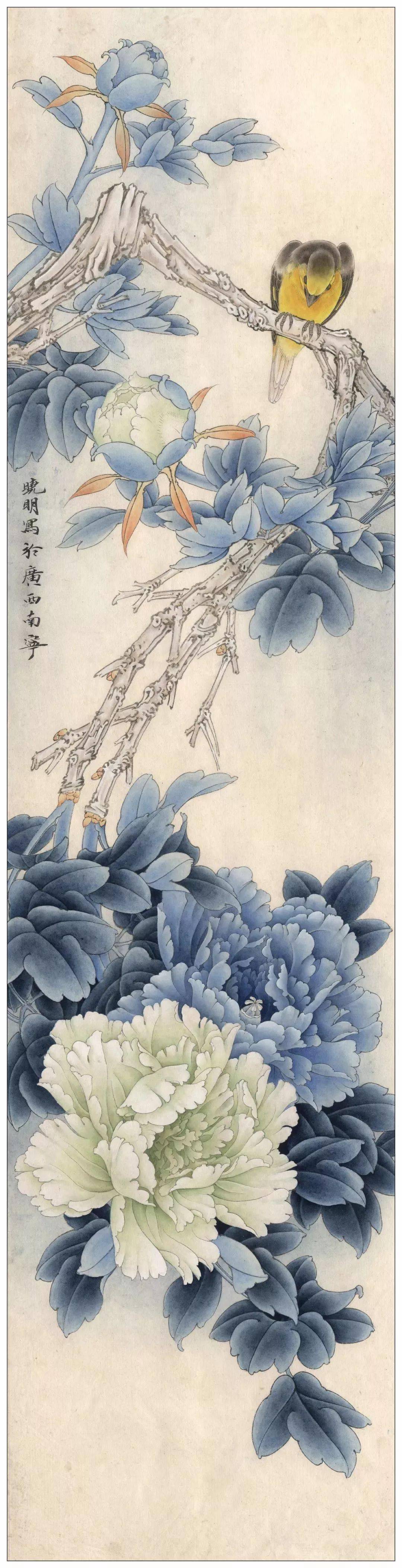 李晓明工笔牡丹国画条屏构图技法《黄雀双清》,太赞了!