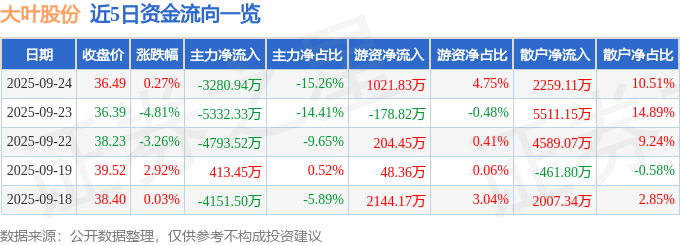股票行情快报：大叶股份（300879）9月24日主力资金净卖