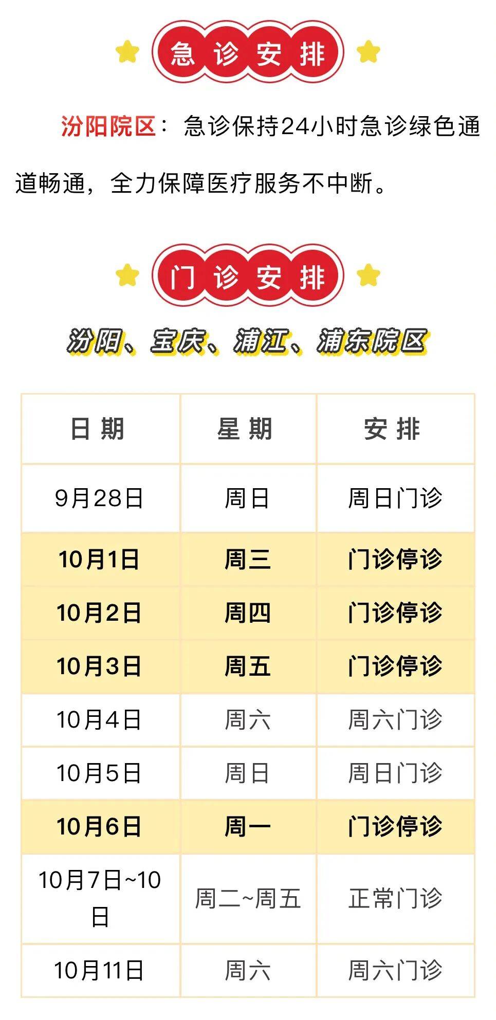 国庆、中秋假期将至，浦东各大医院门急诊时间安排→