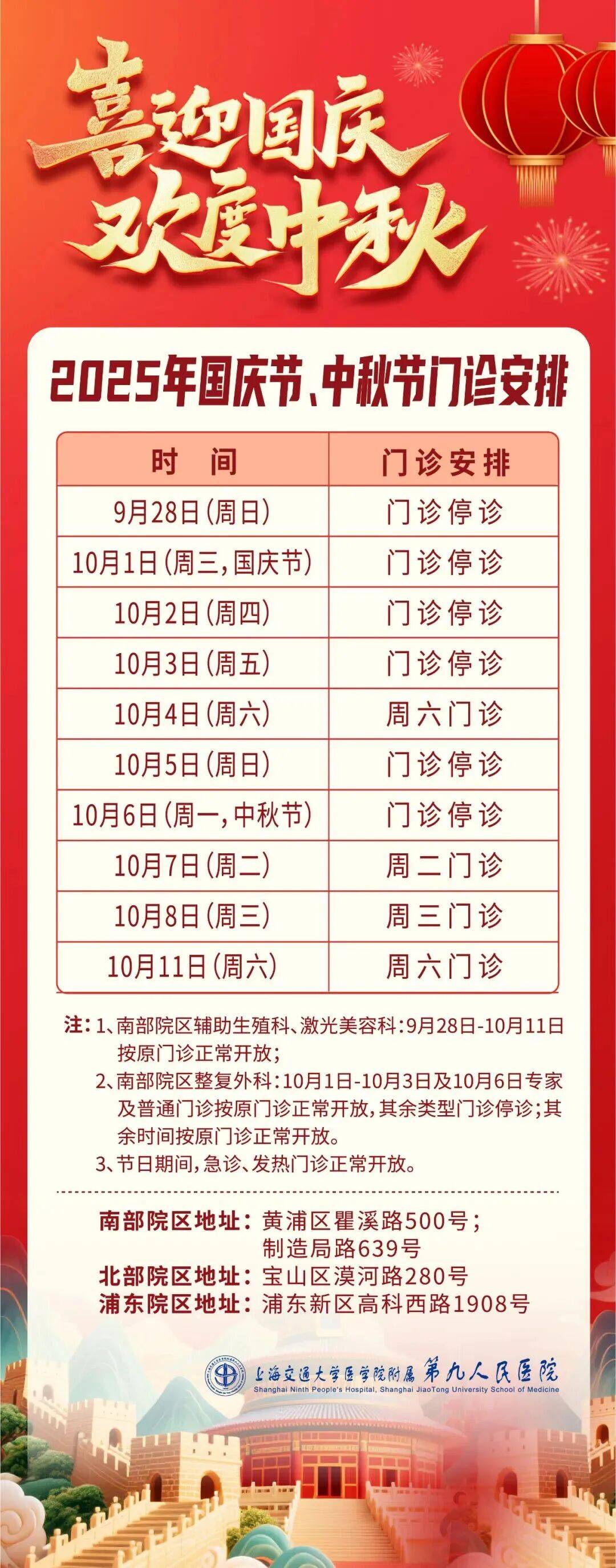 国庆、中秋假期将至，浦东各大医院门急诊时间安排→