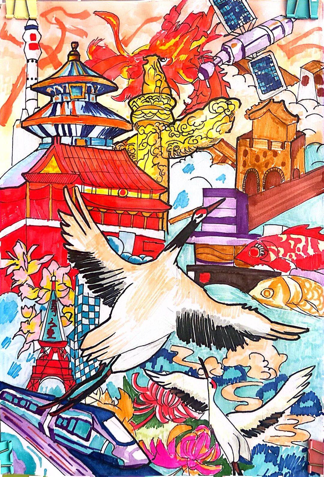 这些元素是同学们爱国情怀的具象表达,他们以画为语,诉说着对祖国繁荣