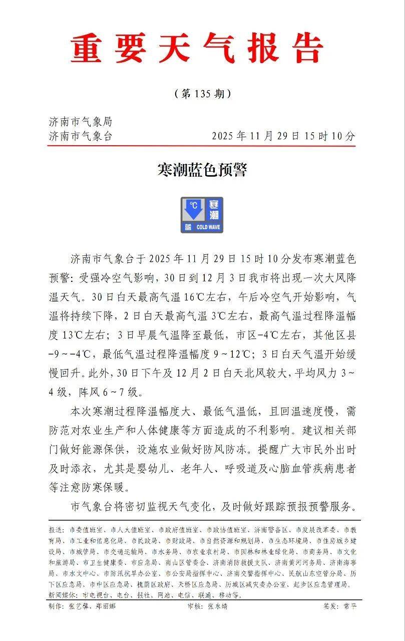 降温13℃！最低-9℃！济南发布寒潮蓝色预警