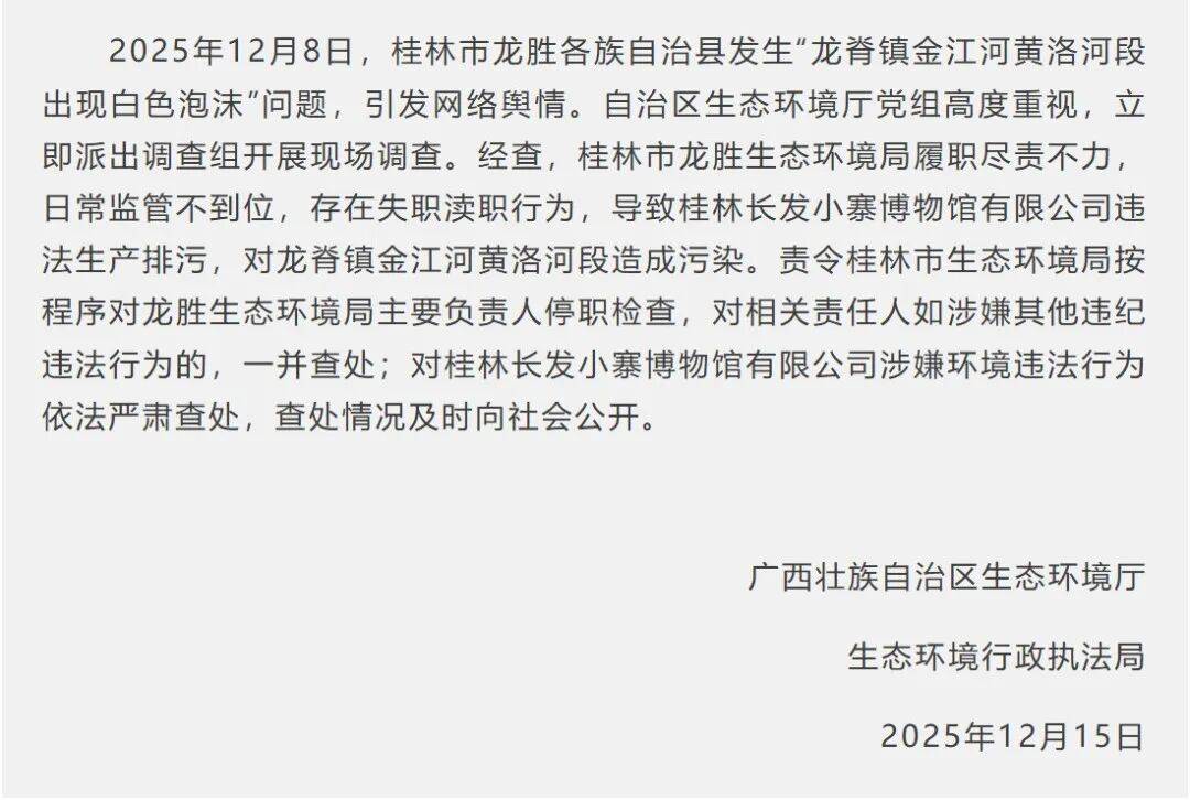 官方通报桂林一河段出现白色泡沫:龙胜生态环境局失职渎职(图1)