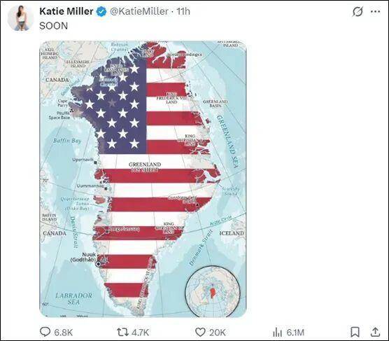 美国白宫高官之妻、保守派网红社媒发帖暗示美国要“拿下格陵兰岛”，丹麦驻美大使发声：我们希望丹麦的领土完整能得到充分的尊重