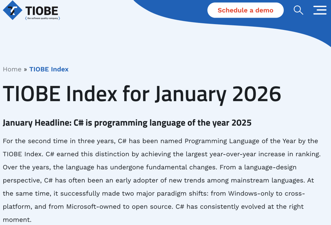 TIOBE公布2025年度编程语言：C#