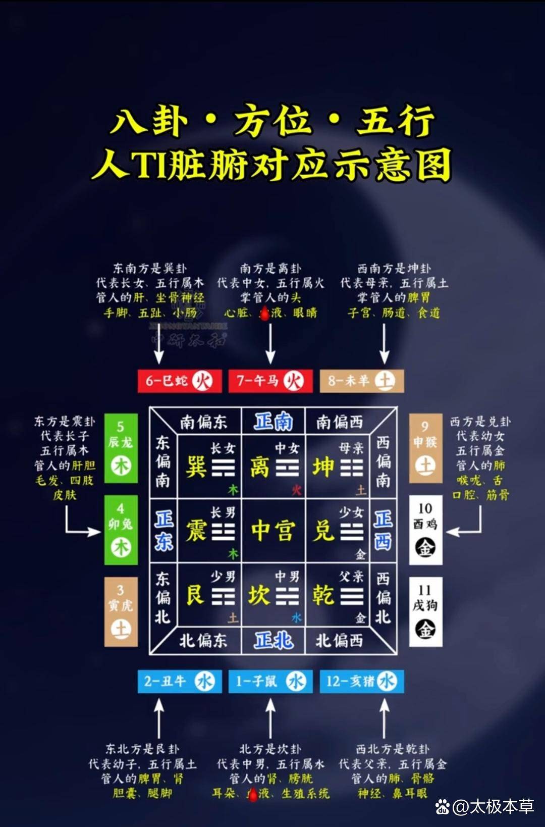 八卦方位五行人体脏腑对应示意图[给力]#国学智慧 #健康养生 #中医 #易经 #周易#国学#十二经脉循行#传承中医文化#自学中医 #传统文化
