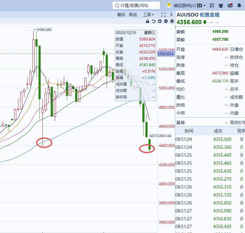国际现货黄金正式击穿4400美元重要关口,坚守近两月的关键支撑位失守