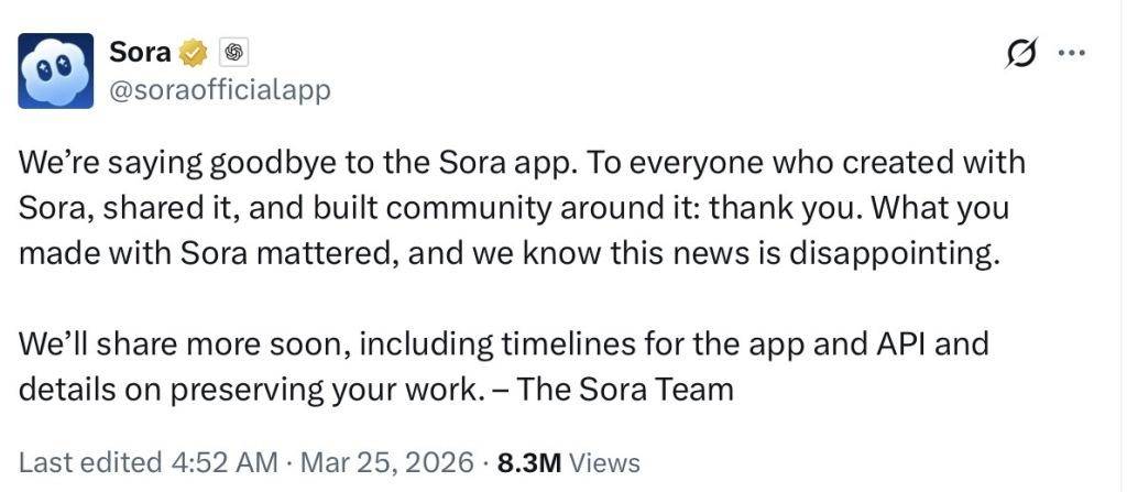 OpenAI宣布关闭Sora视频应用,终止与迪士尼10亿美元合作
