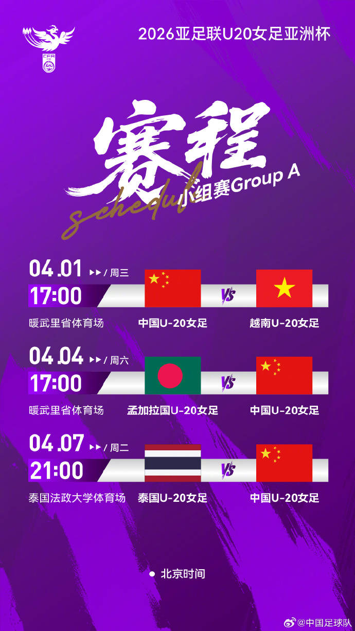 U20女足亚洲杯｜中国队小组赛开球时间、对阵次序确定