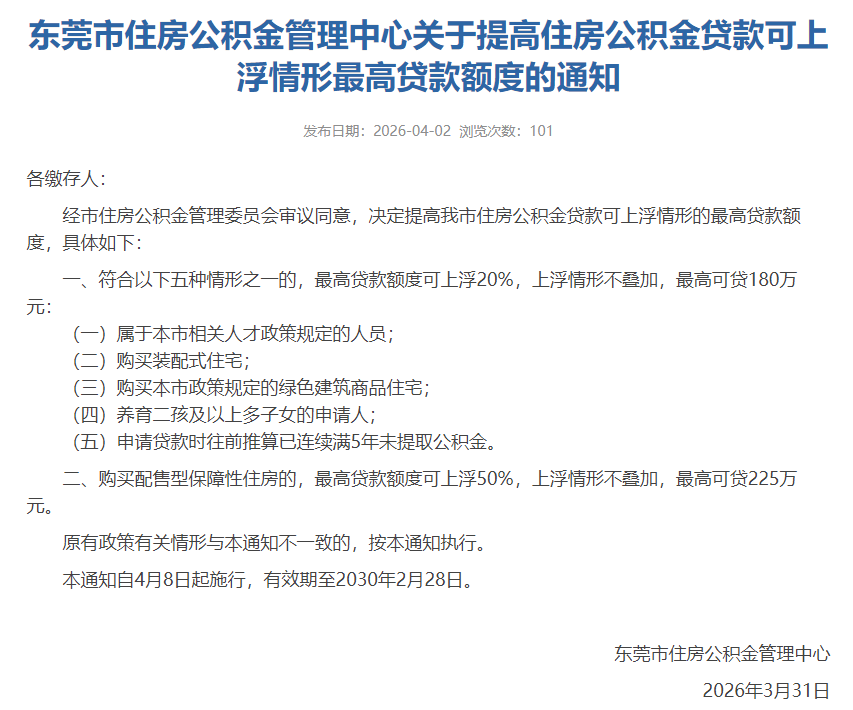 刚刚!东莞出台住房公积金新政,最高可贷225万元!_情形_额度_贷款