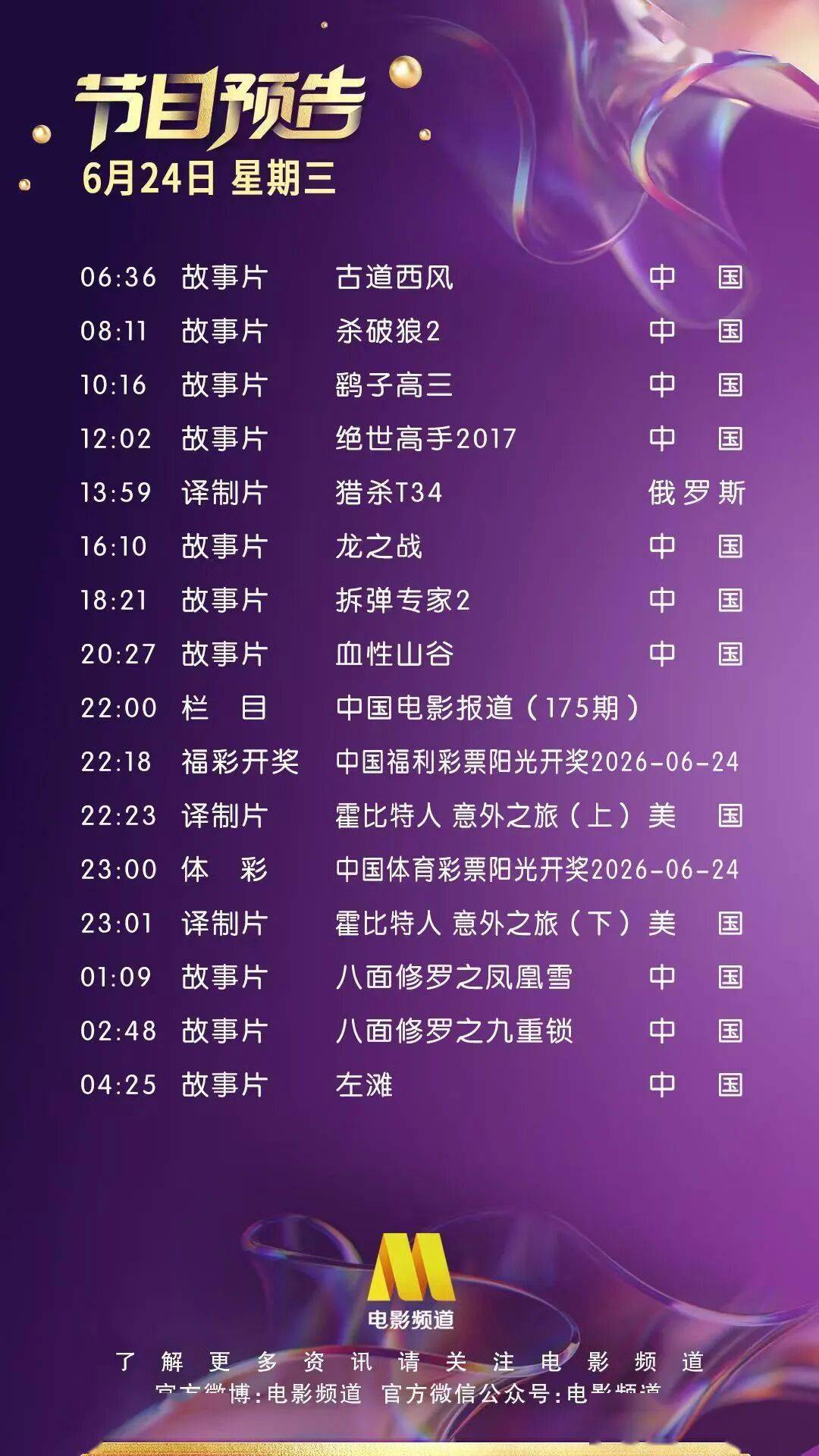 6月24日（星期三）CCTV6节目预告