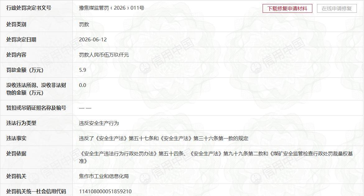 中马村矿频发安全生产违规被处罚 半年连吃5张罚单超40万元(图3) 文章配图-1