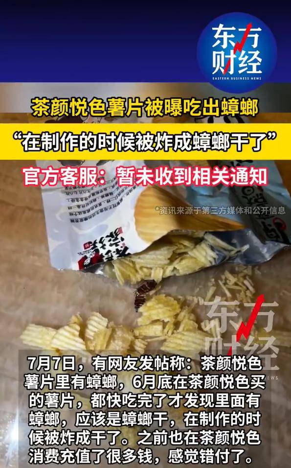 网友在茶颜悦色薯片吃出蟑螂干 已和解不能为食品安全画句号(图1) 文章配图-1