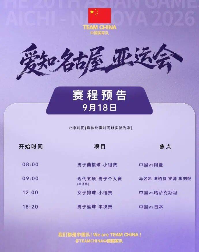 亚运会明日赛程：中国男篮冲击决赛，中国女排迎战小组赛第二个对手，中国男子曲棍球队迎来首秀